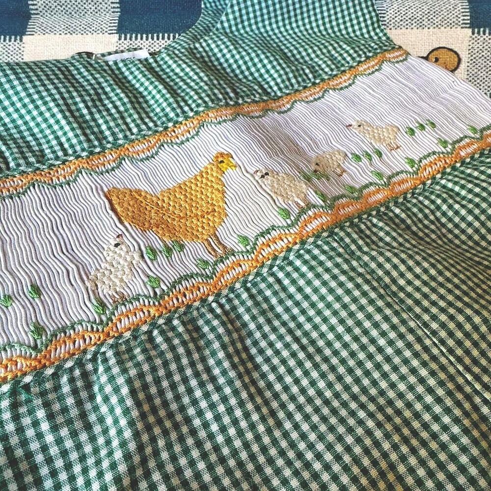 vintage one-piece jon jon shortall green gingham cotton hand smocked chicken